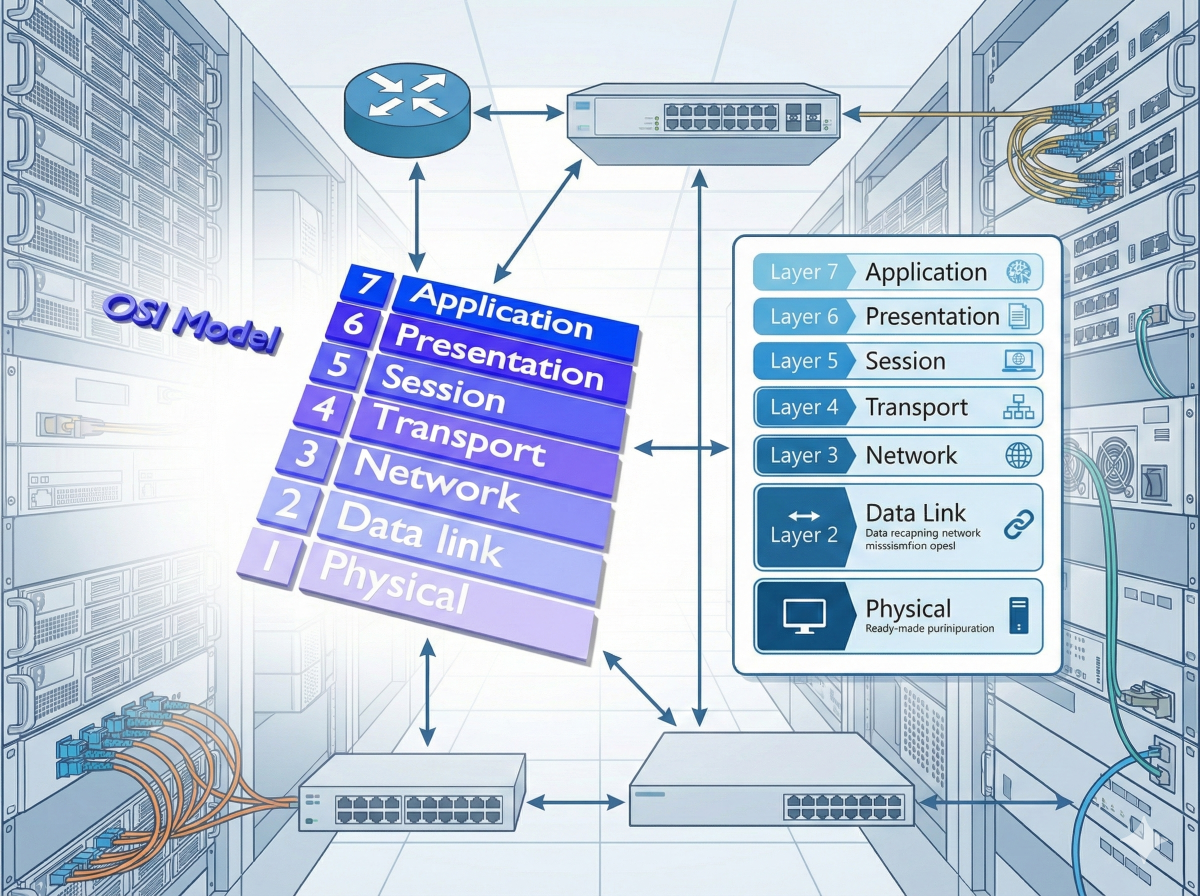 Diagram of the 7-layer OSI Model in a data center context