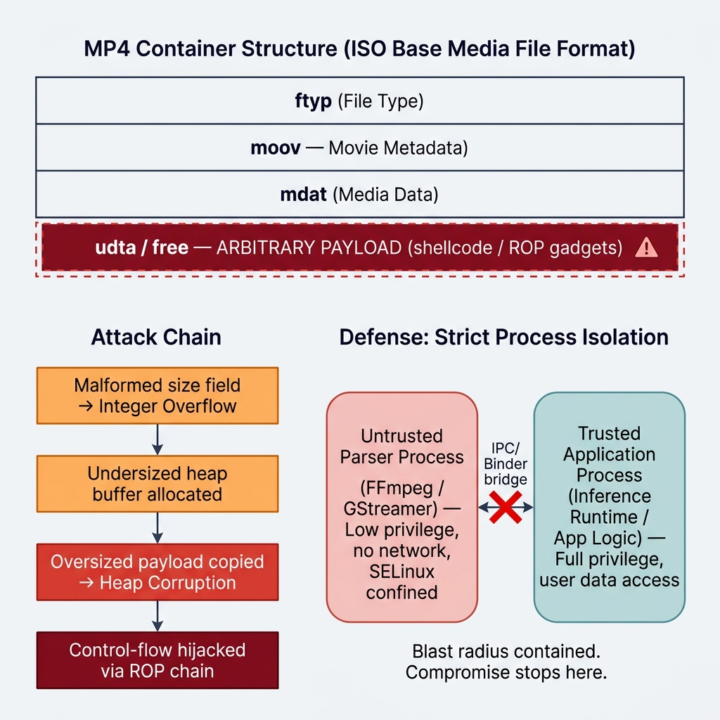 MP4 container attack chain and process isolation architecture diagram
